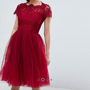 ChiChi London Lace Burgundy Midi Tulle Dress